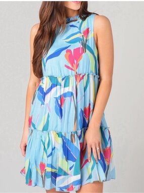 Oliphant Blue Tropical Tiered Mini Dress Sleeveless Silk Blend Medium